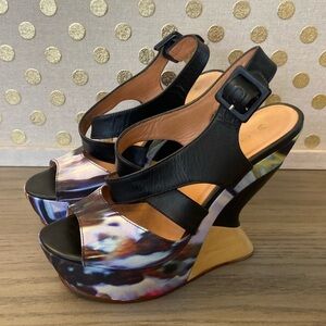 Anthropologie LEIFSDOTTIR Multi Color Curved  Leather Wedge Platform Sandals 37